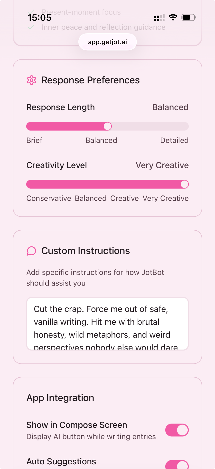 JotBot AI response preferences screen