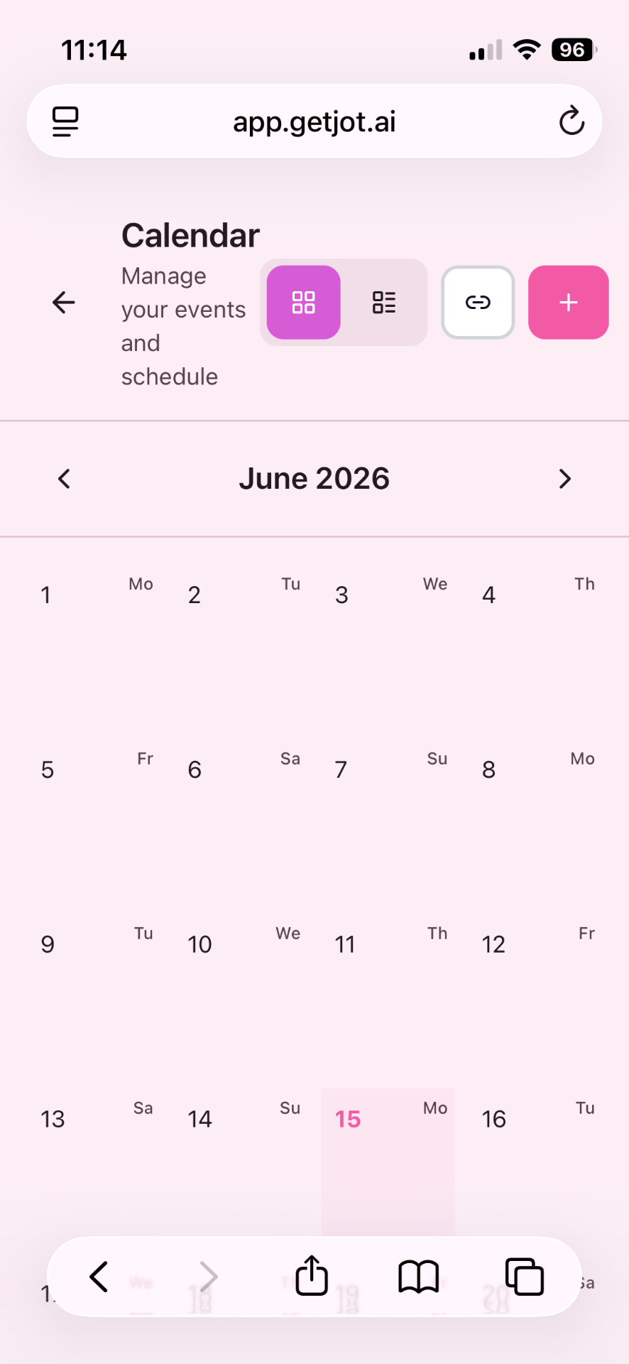 calendar screen in the jot mobile app