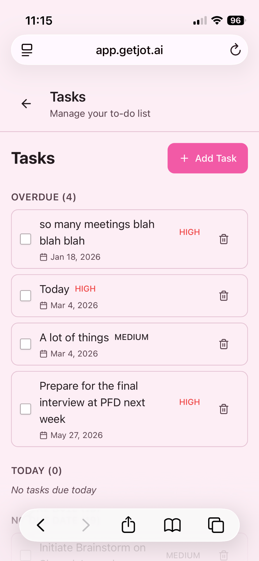 tasks screen in the jot mobile app