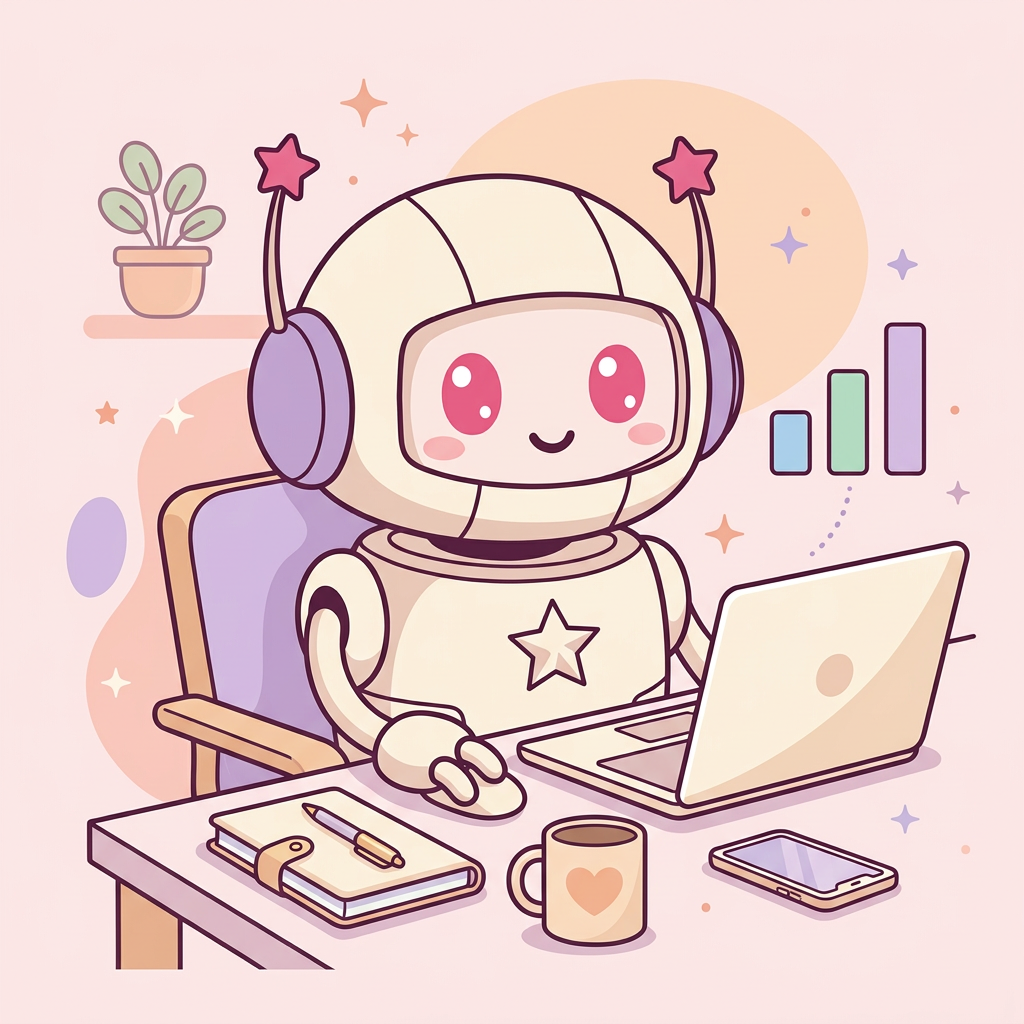 JotBot as a young founder at a home-office desk with a laptop and planner