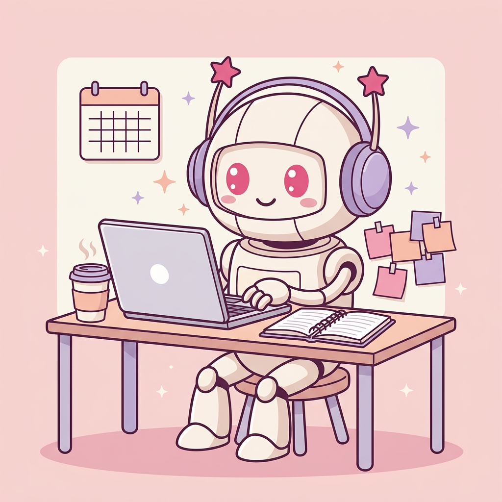 JotBot as a young professional working at a laptop with sticky notes