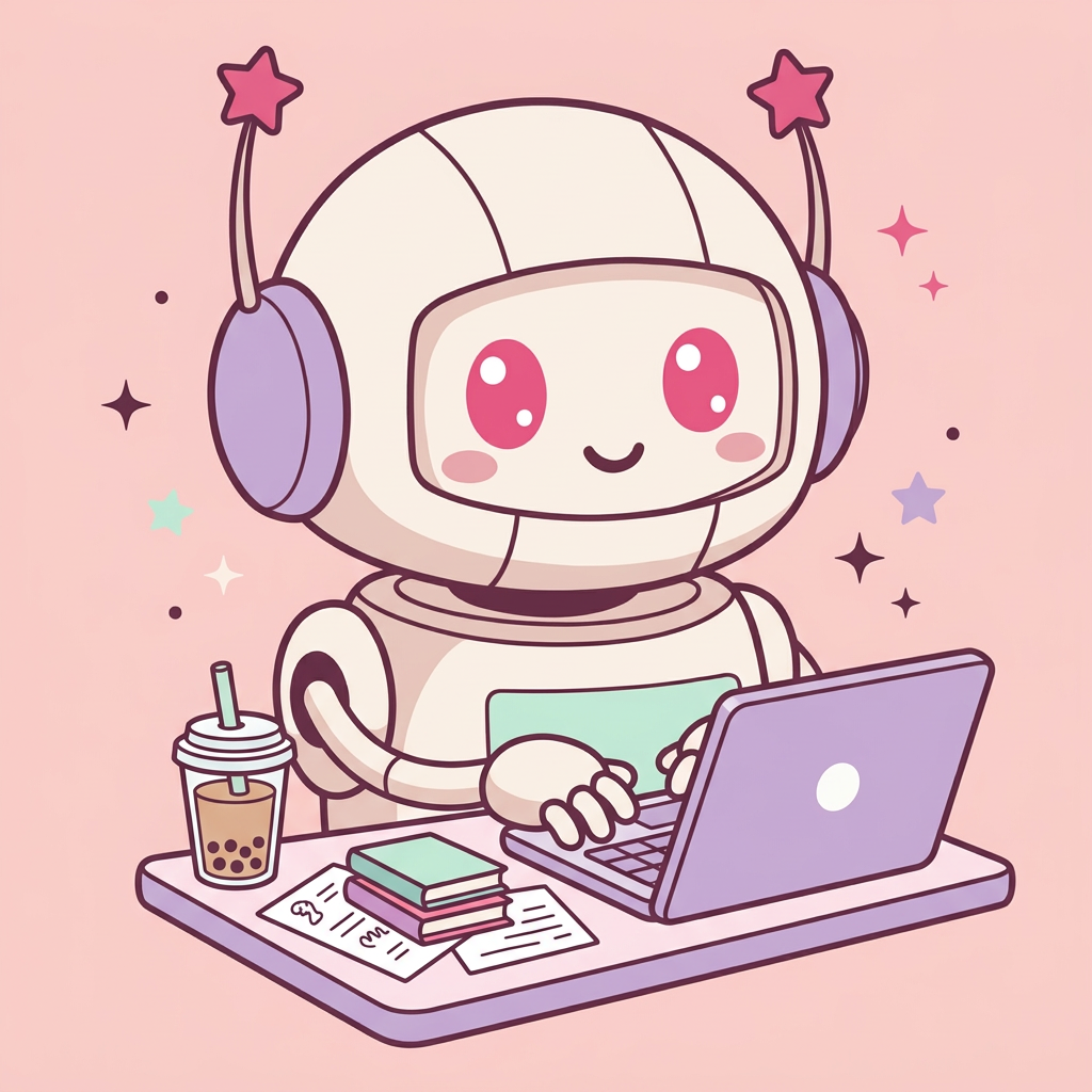 JotBot as a student at a desk with a laptop, books and a drink